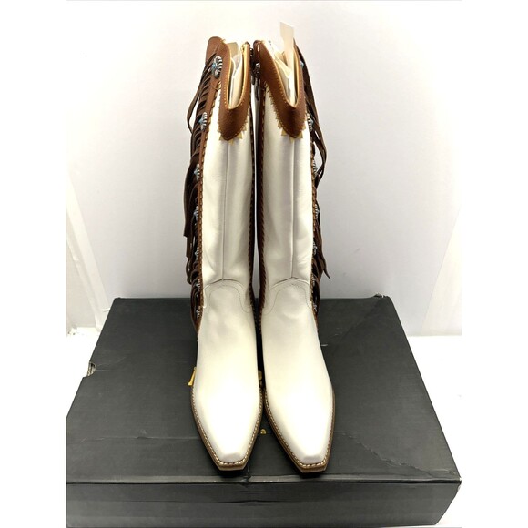 Arider Girl Knee High Boots White Brown Stripe Fringe Faux Turquoise Trim SZ 8 - Picture 2 of 12